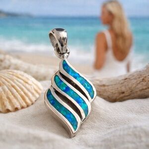 Sterling Silver Blue Green Opal Inlay Wave Pendant Ocean Coastal Minimalist 925